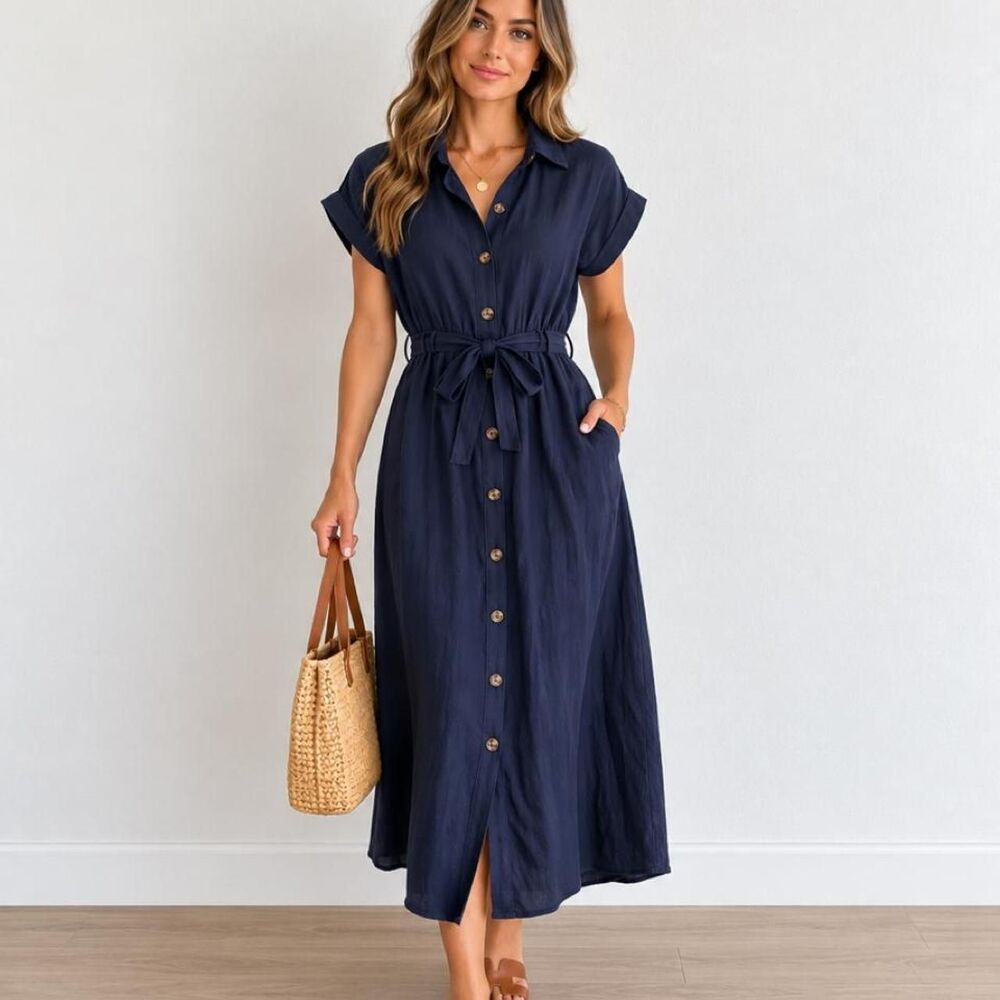 Melloday Women's Navy and Blue Dress L